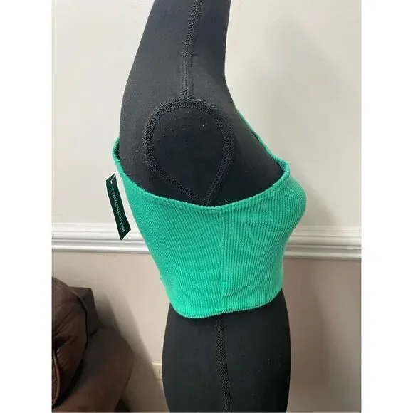 NWT Pretty Little Things Bright Green Crinkle Rib One Shoulder Cut Out Crop Top - Picture 4 of 8